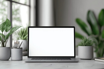 Stylish workplace with laptop. Front view of laptop screen. Mockup design. Generated AI