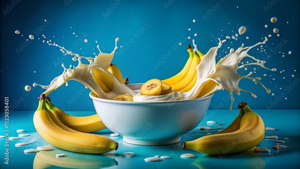 Poster Set of Delicious Bananas Dropping into Milk Creating a Splash Effect in Isolated Studio Background for Creative Culinary Photography
