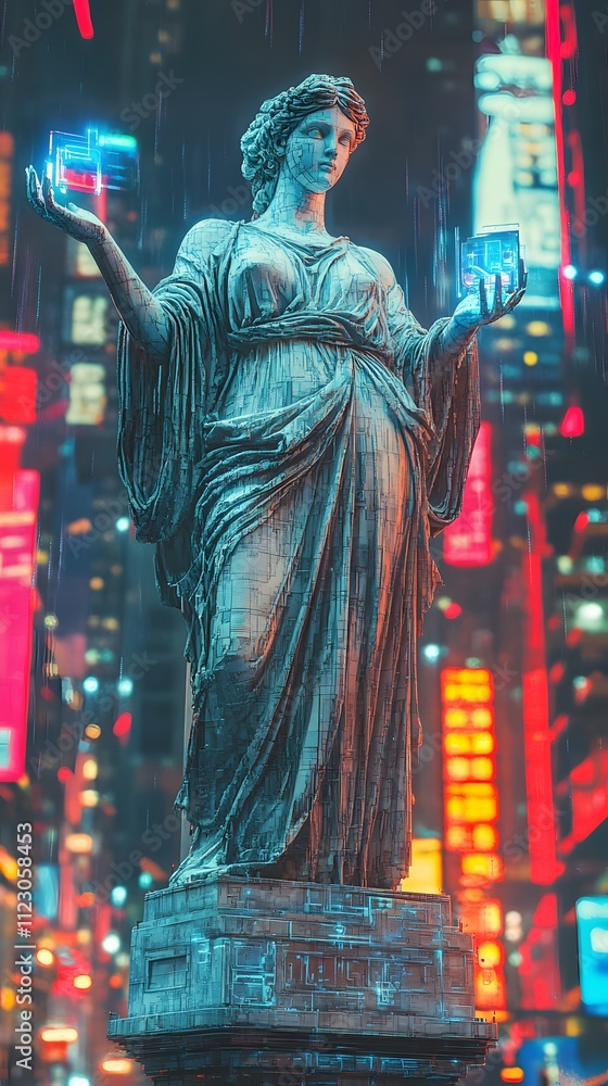 Poster marble statue standing with glowing digital objects in hand, set against a neon-lit urban background