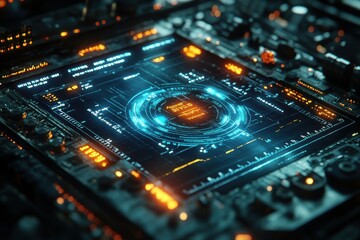 Fototapeta premium A futuristic circuit board with glowing interfaces and digital displays.