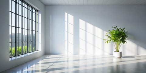 Fototapeta premium Silhouette of a Minimalist Empty White Room with a Large Window, Showcasing a Single Plant Against a Bright Abstraction of Light and Shadows in a Modern Space