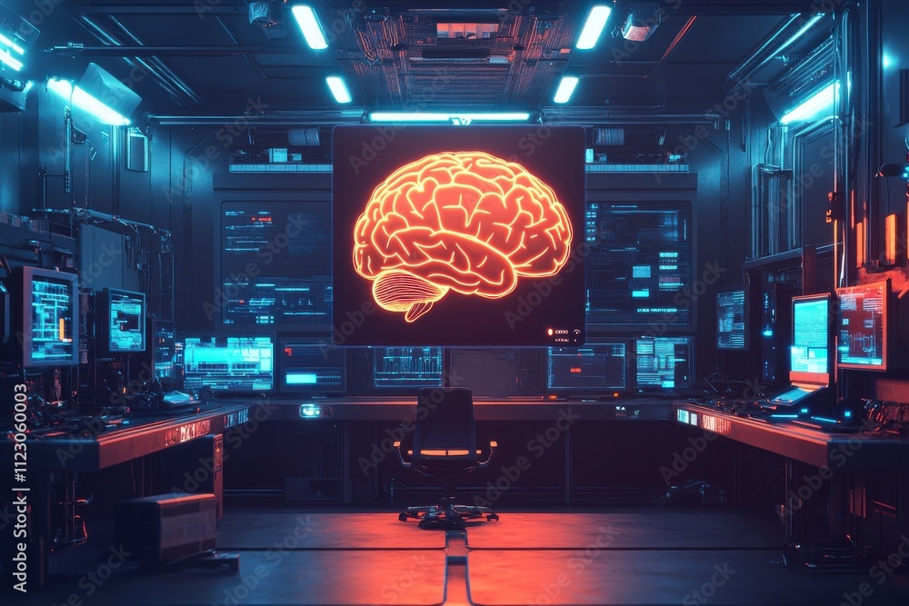 Poster futuristic ai workstation with floating brain projection surrounded by glowing touchscreens in a hig