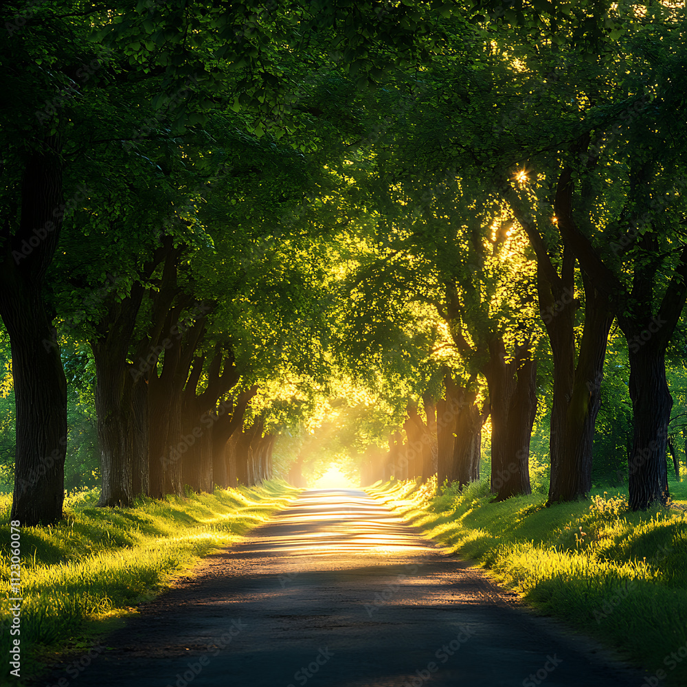 Poster serene tree lined path illuminated by sunlight, creating peaceful atmosphere