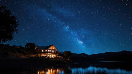 Fototapeta premium Star-filled night sky with the Milky Way spanning across, glowing stars in crisp detail, [sky background], [cosmic and awe-inspiring concept]