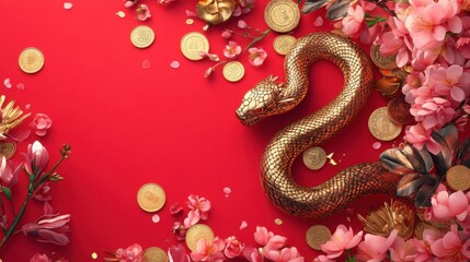 Obraz premium Gold snake with coins, cherry blossoms, and festive elements on a vibrant red background for Chinese New Year 2025