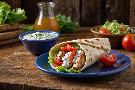 Gyros, Pita Wrap Field With Yuichi Grilled Chicken, Sauce, Smooth Tomato Sauce, Onions, And Lettuce