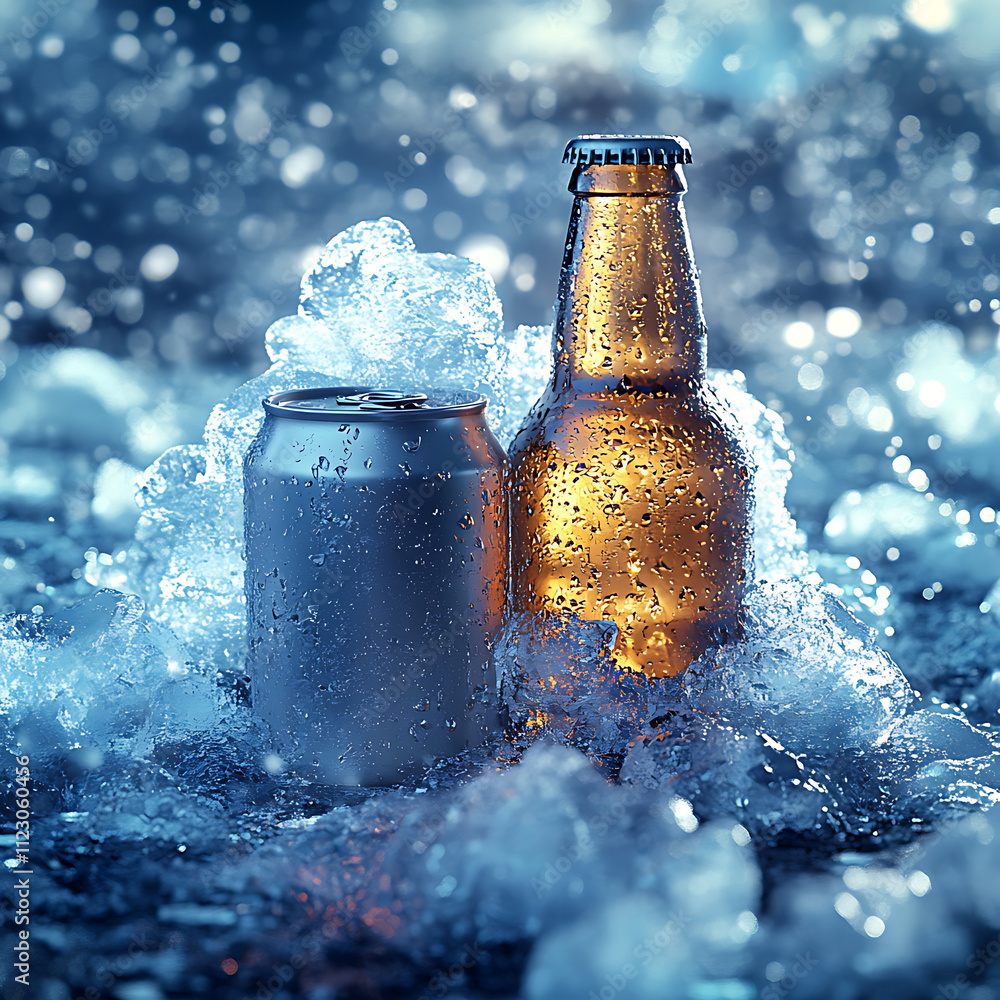 Poster chilled beverages in ice with droplets, creating refreshing scene