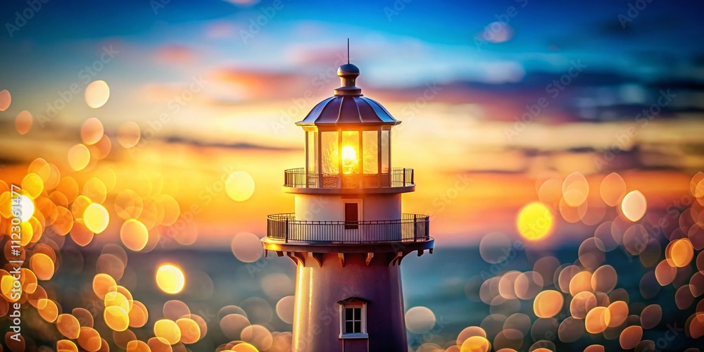 Poster simple style lighthouse beacon tower logo design on a serene island with bokeh effect, emphasizing l