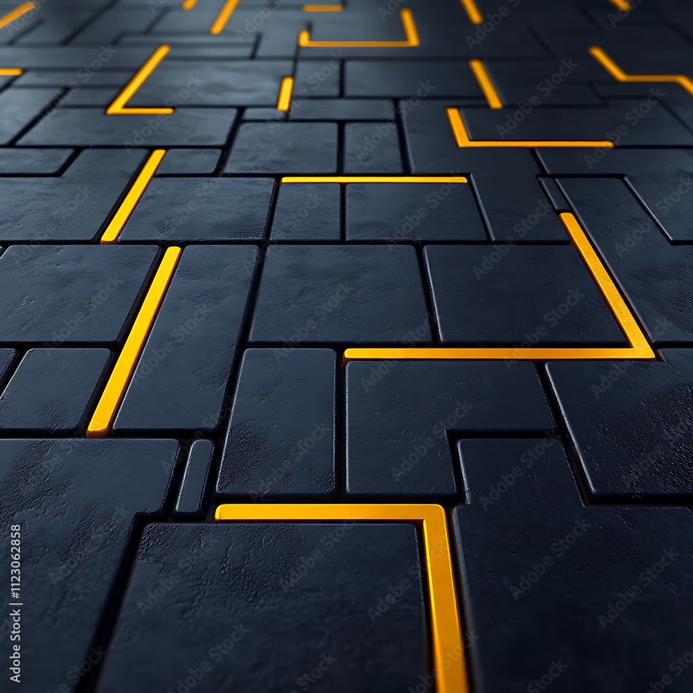 Poster modern floor design featuring black tiles with yellow lines creating geometric pattern. sleek look a