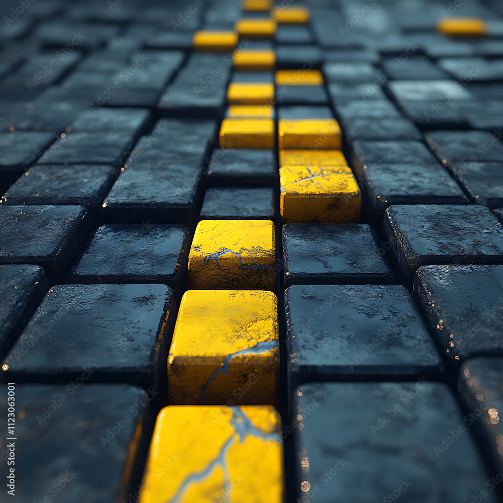 Poster textured surface of dark and yellow blocks creates striking visual path. contrast between colors add