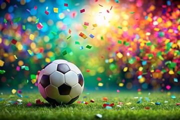 Fototapeta premium Soccer Ball Surrounded by Colorful Confetti on a Vibrant Field for Celebratory Sports Themes, Perfect for Event Promotion and Youth Soccer Marketing