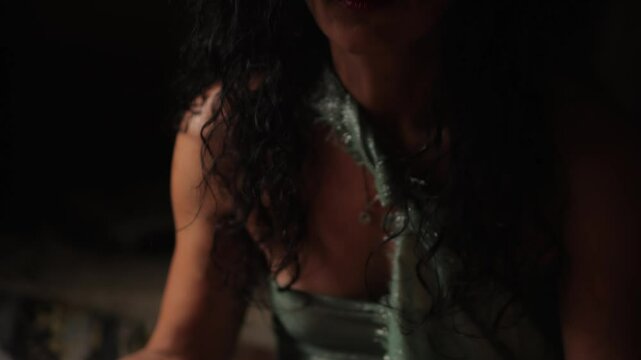 Tantra Massage Practice. Woman in a green dress is shown in multiple images.Element of Tantra Massage in Oriental Culture
