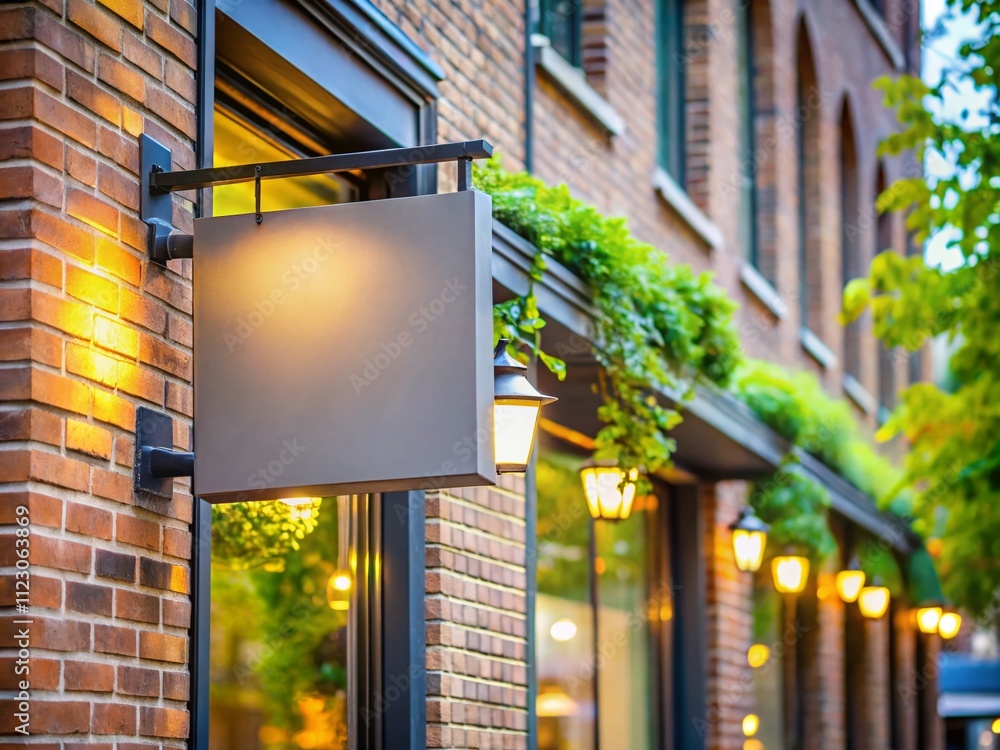 Poster soft grey storefront sign on a modern brick building in an urban environment with bokeh effect for a