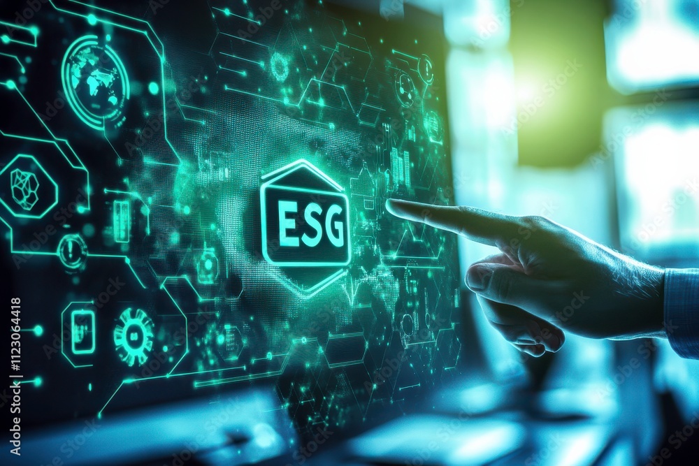 Poster hand reaching toward floating esg icon on augmented reality display with green and blue color themes