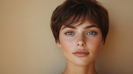 caucasian woman 35 years old with short hair on beige background, minimalistic portrait