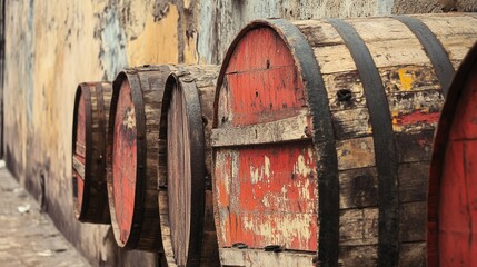 Large wooden cable drums lined up against a wall, with peeling paint and a rustic vibe.