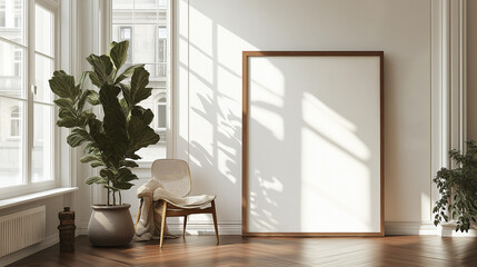 Fototapeta premium Large Wooden Frame Leaning Against Crisp White Wall on Mahogany Wood Floor - Mockup