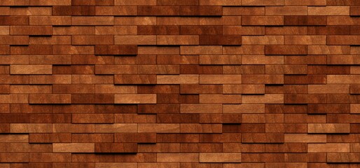 Fototapeta premium Close up of randomly offset horizontal wooden short oblong rectangle blocks background texture or hardwood wallpaper template, flat lay from above