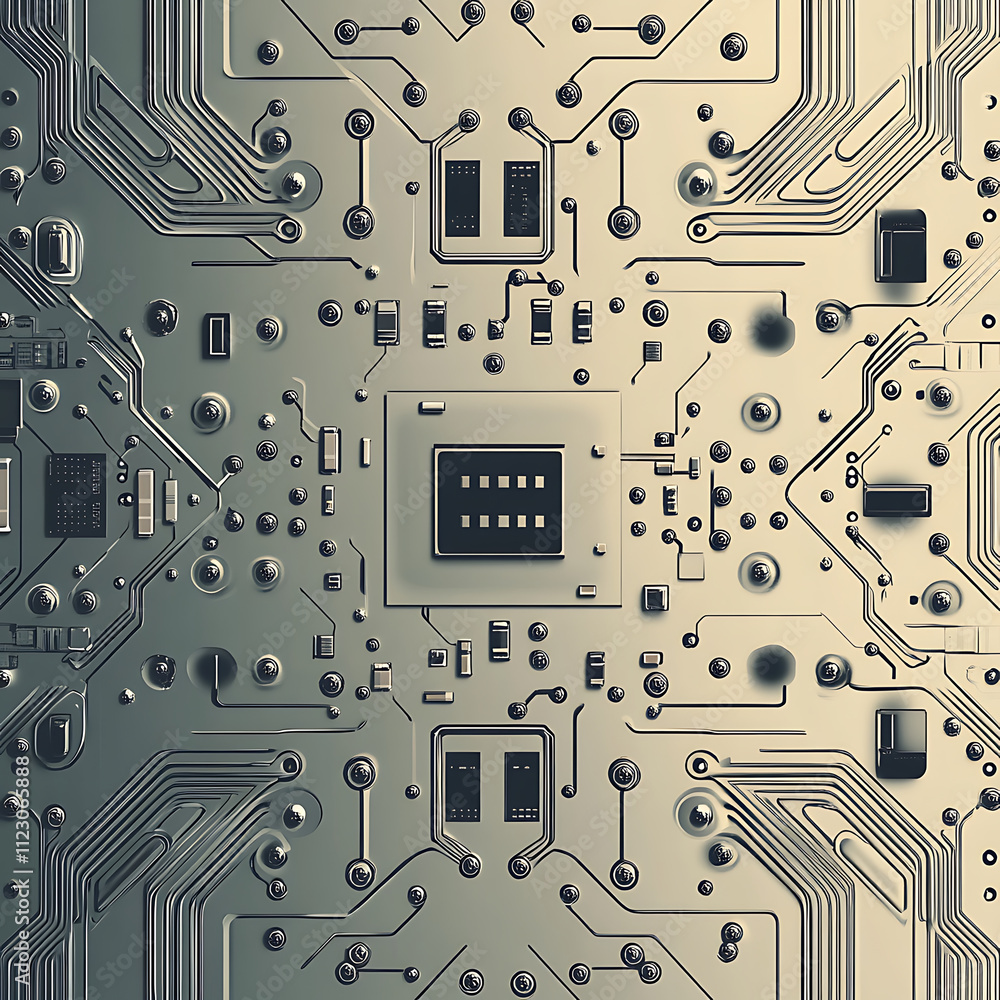 Poster detailed illustration of circuit board with intricate patterns and components, showcasing technology