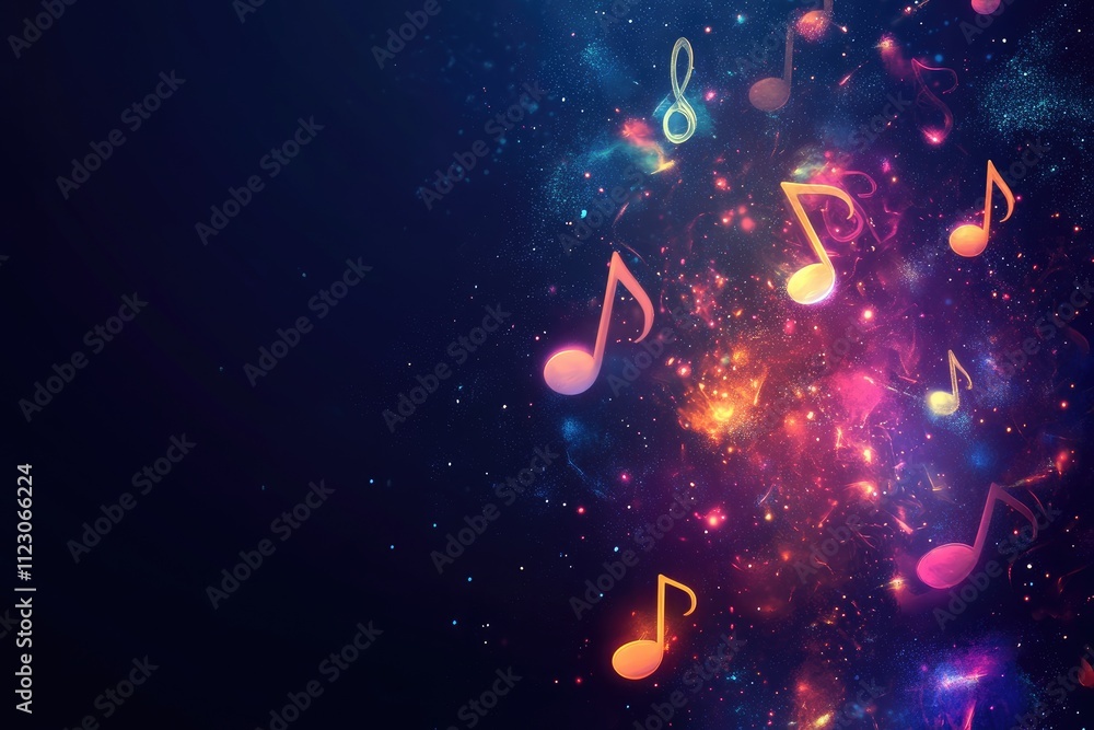 Poster colorful musical notes floating in a cosmic background, creating a vibrant and artistic effect.