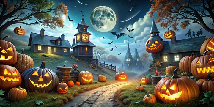 Spooky Halloween Webex Background Featuring Eerie Shadows, Jack-o'-Lanterns, Haunted Houses, Ghostly Figures, and Dark Bats for Virtual Meetings and Online Gatherings