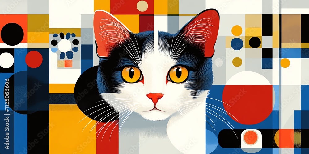 Poster a stylized cat's face surrounded by colorful geometric shapes and patterns.