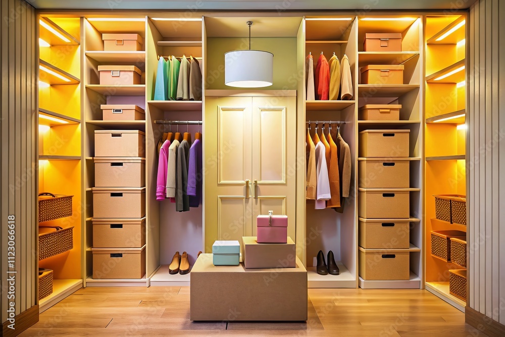 Poster stacked cardboard boxes in an open closet: a tidy storage solution for home organization and declutt