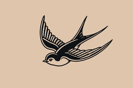 Flying swallow.   Black and white tattoo sketch, vector illustration, emblem