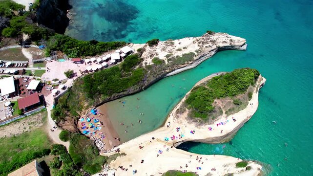 Greece. Corfu island nature sea scenery. 4k hd aerial video  of stuning bay of Sidari, popular tourist resort with beautiful rock formation and famous Canal D'Amour