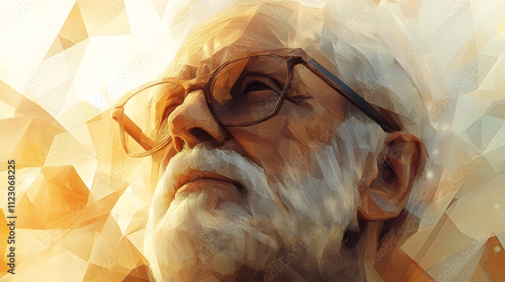 Poster digital geometric portrait of an older man with glasses rendered in golden polygonal patterns, empha
