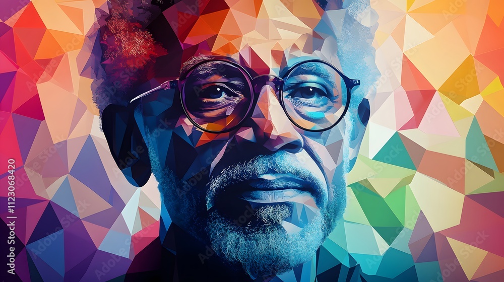 Poster polygonal geometric portrait of a man with bold colors and abstract pattern forming a unique and vib