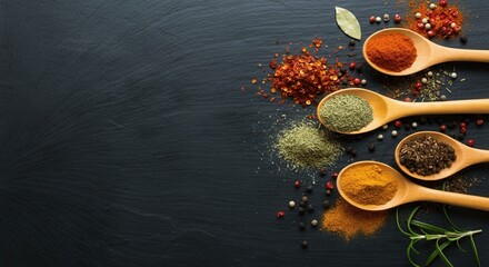 Assorted spices in wooden spoons on dark background