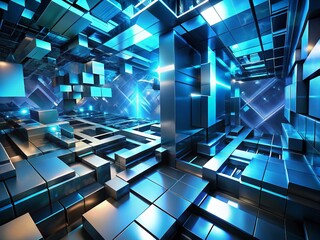 Obraz premium Stunning 3D Render of Abstract Geometric Background in Blue and Black, Showcasing Modern Digital Art Concepts with an Emphasis on Architectural Photography Elements