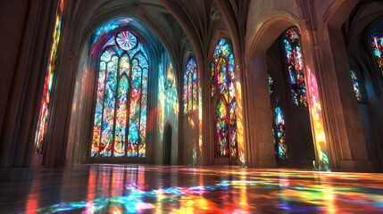 Obraz premium A cathedral with massive stained glass windows casting colorful light onto the floor.