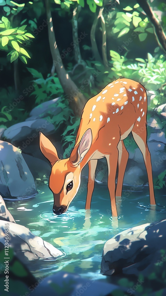 Poster a serene deer drinking from a clear stream in a lush forest setting.