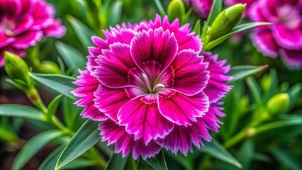 Fototapeta premium Stunning Aerial Macro Shot of a Vibrant Pink Dianthus Flower Captured from Above, Showcasing Its Petals and Natural Beauty in High Detail