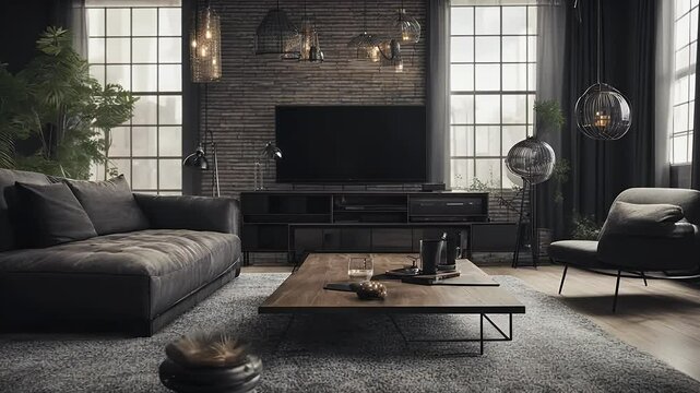 television home black fictional birg interior room decoration tv loft made living luxury window modern set sofa  