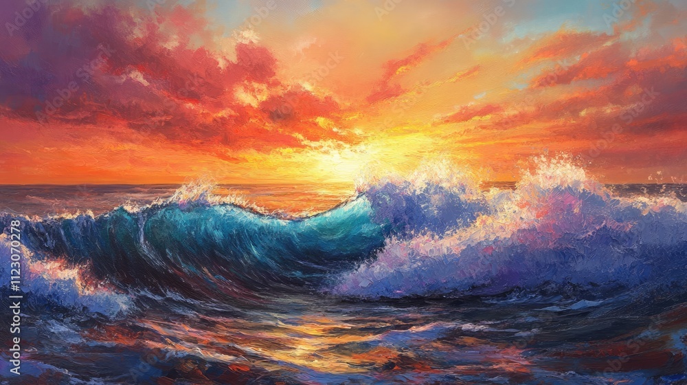 Poster a powerful wave crashing dramatically under a vibrant sunset, creating a stunning display of color a