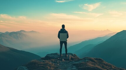 Fototapeta premium Contemplation on a Mountain Peak: A Man Gazes at a Breathtaking Sunset Over the Majestic Mountains