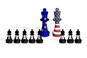 Chess made from US and EU flags on a white background with word TRADE WAR
