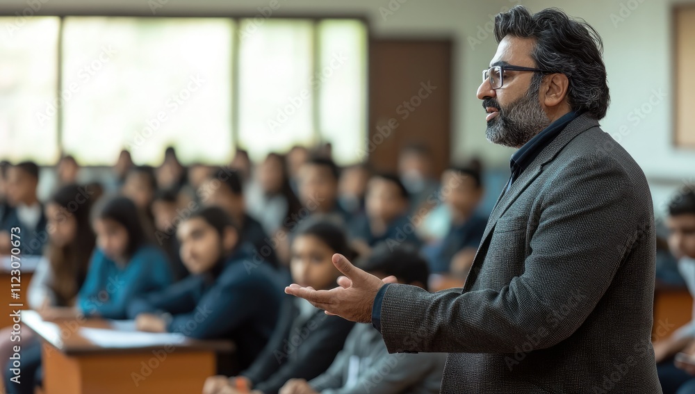 Poster a speaker engages an audience in a classroom setting during a presentation.