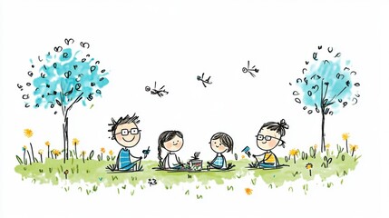 Obraz premium Happy Family Picnic in a Colorful Field with Trees and Birds, Hand-Drawn Illustration