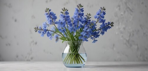 A small bunch of baby blue delphiniums in a compact glass vase , blue delphiniums, modern bouquet, vase