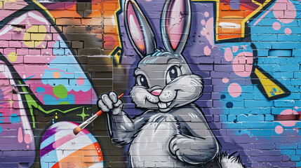 Cartoon rabbit graffiti on a colorful brick wall, holding a paintbrush.