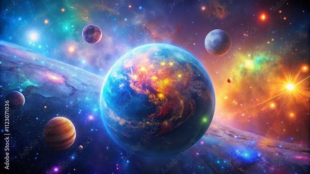 Poster stunning animation of a vibrant planet rotating in outer space with bokeh effect creating a dreamy c