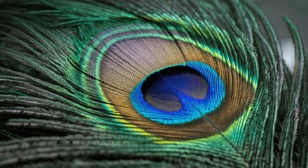 Obraz premium Vibrant peacock feather close-up showcasing intricate patterns colors