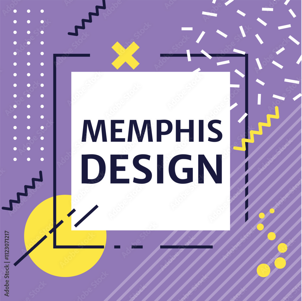 Poster purple memphis design background showcasing geometric shapes, patterns, and lines, creating a modern