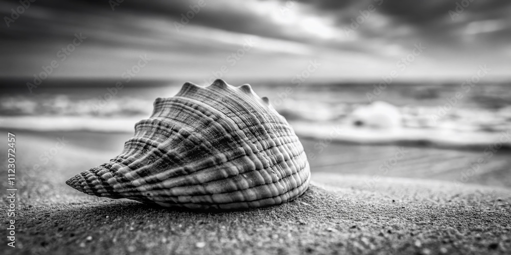 Poster stunning black and white high depth of field capture of a sea shell on the shore, emphasizing intric
