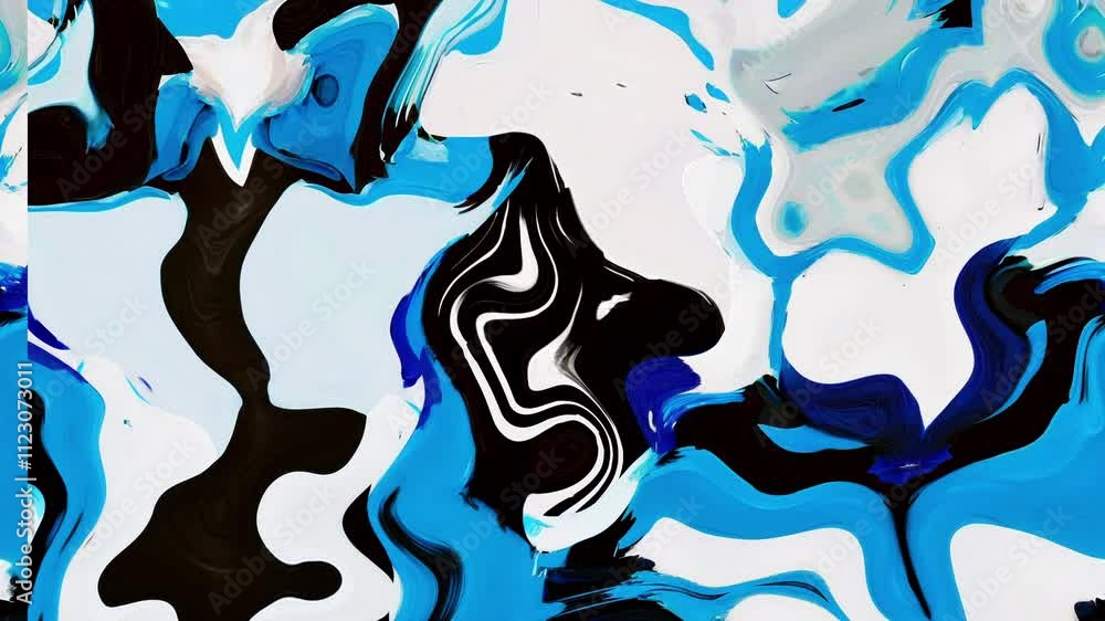 Poster a captivating animation of abstract blue and white swirls, blending and morphing seamlessly against 