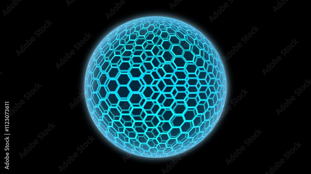 Poster sphere hexagon blue light rotate left to right endless loop